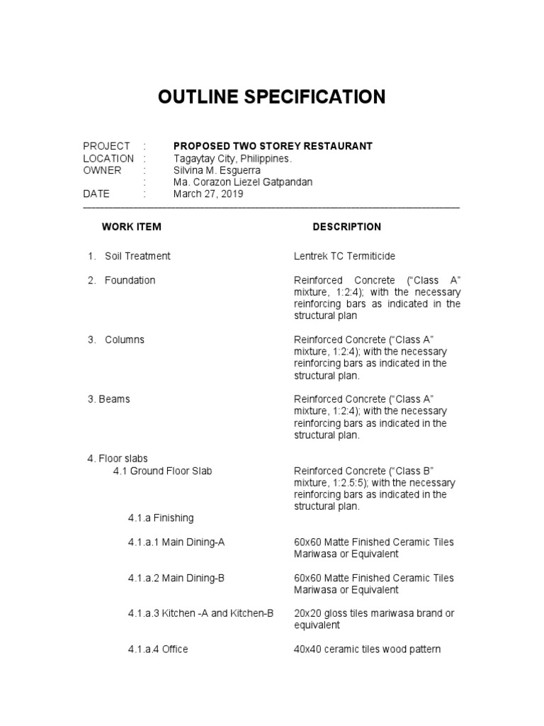 Restaurant Construction Specifications | PDF | Countertop | Tile