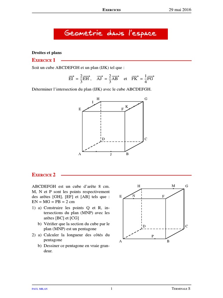 Géométrie Dans L espace Terminale Exercices Corrigés Pdf 13 Exos Geometrie Espace | PDF | Plan (Géométrie) | Coordonnées cartésiennes