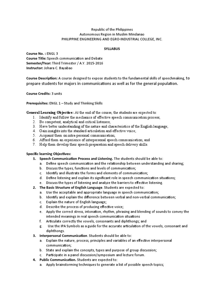 ENGLISH 3 Oral Communication Syllabus PDF Speech Communication