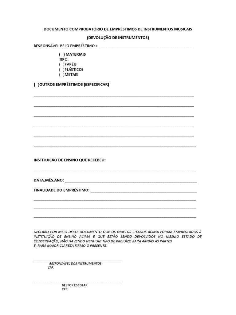 Documento Comprobatório de Empréstimos de Instrumentos Musicais | PDF