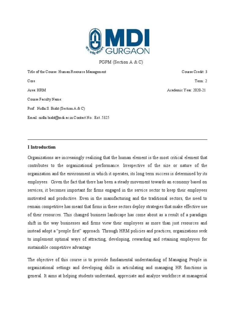 Human Resource Management Course Outline Section A & C | PDF | Human ...