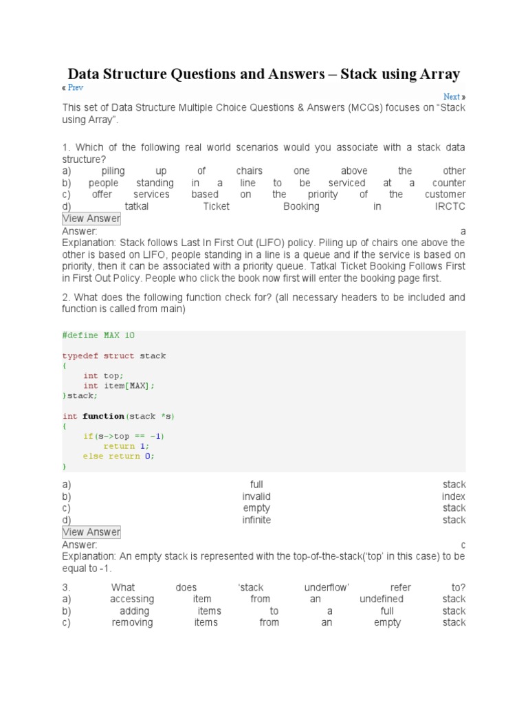 Data Structure Questions and Answers - Stack Using Array: Prev Next ...