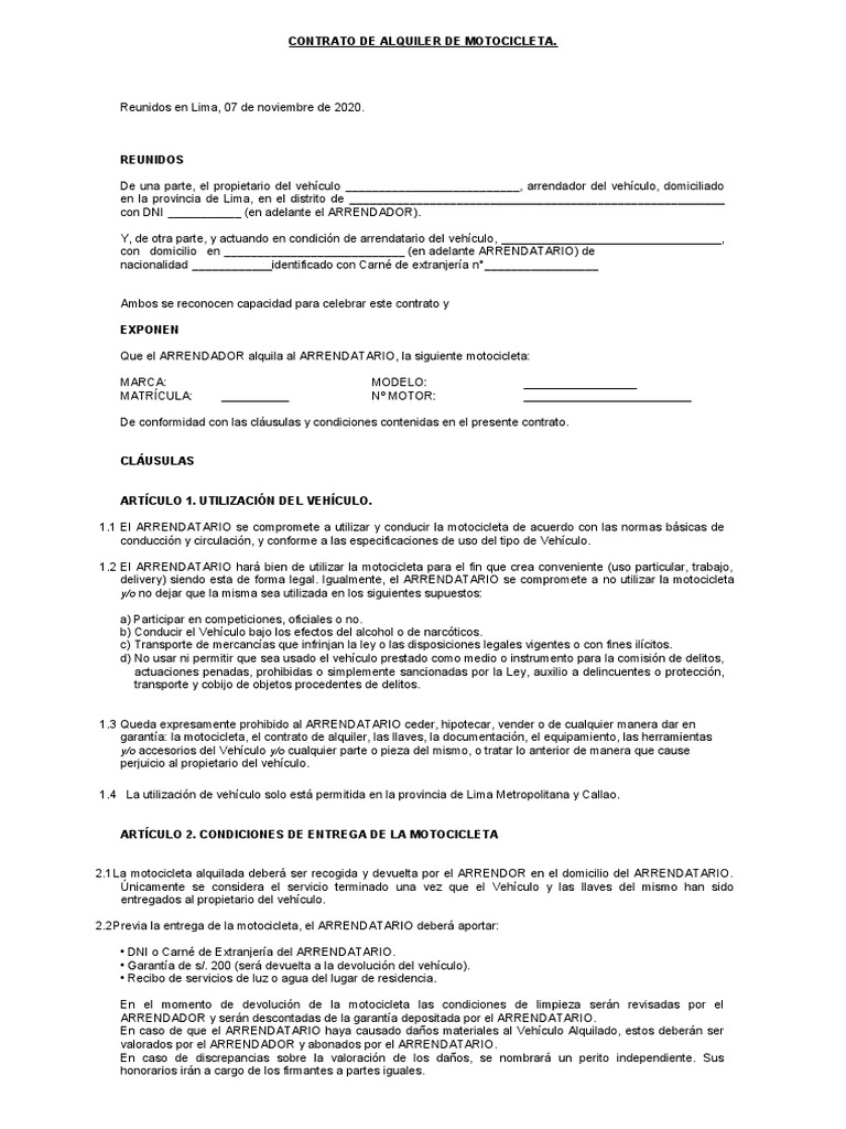 Modelo de Contrato de Alquiler de Moto | PDF | Alquiler | Motocicleta