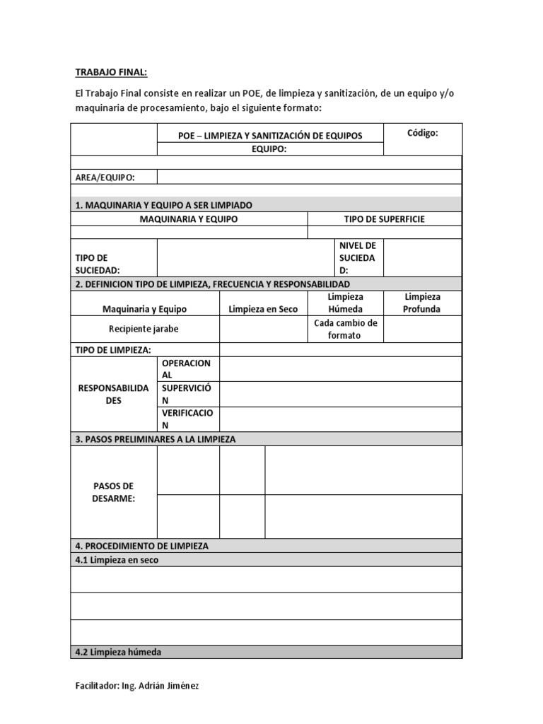 El Trabajo Final Consiste en Realizar Un POE, de Limpieza y ...