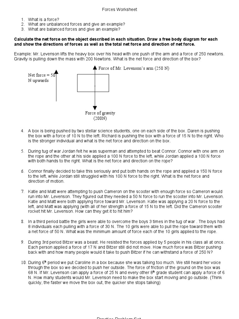 Worksheets Calculating Net Force Worksheet forces worksheet with practice problems force mass
