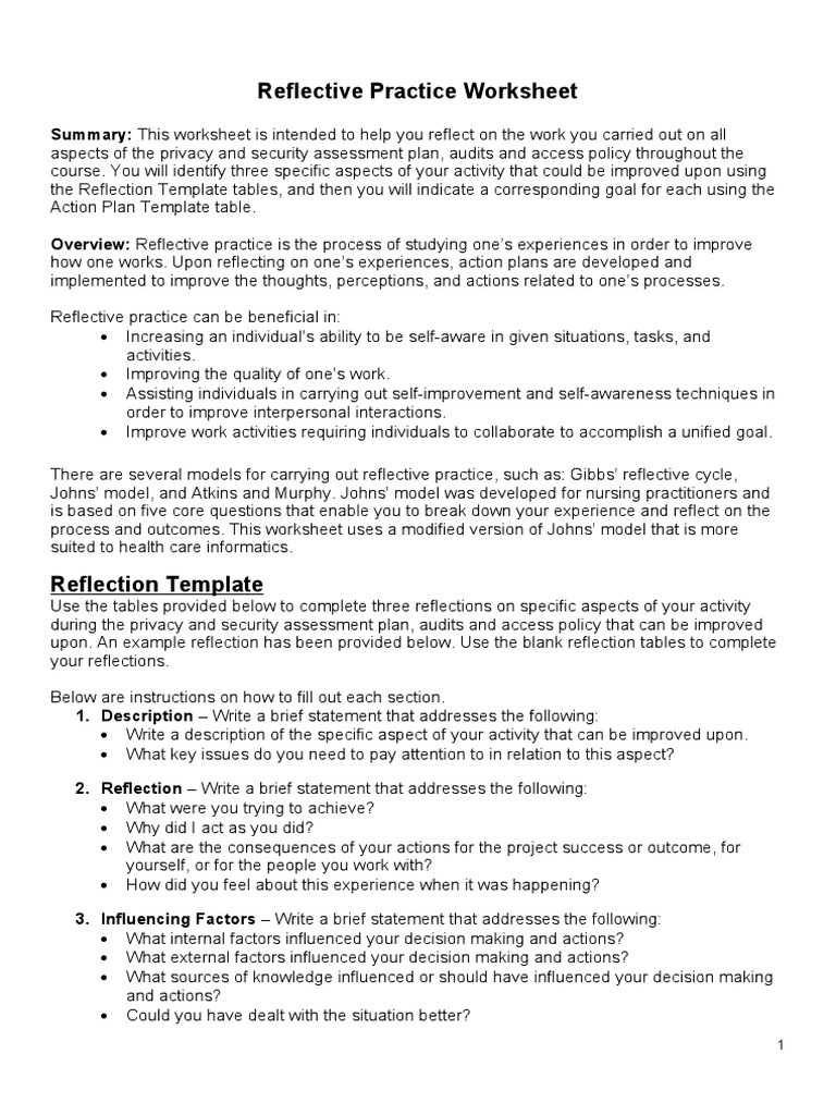 Reflective Practice Worksheet | PDF | Health Insurance Portability And ...