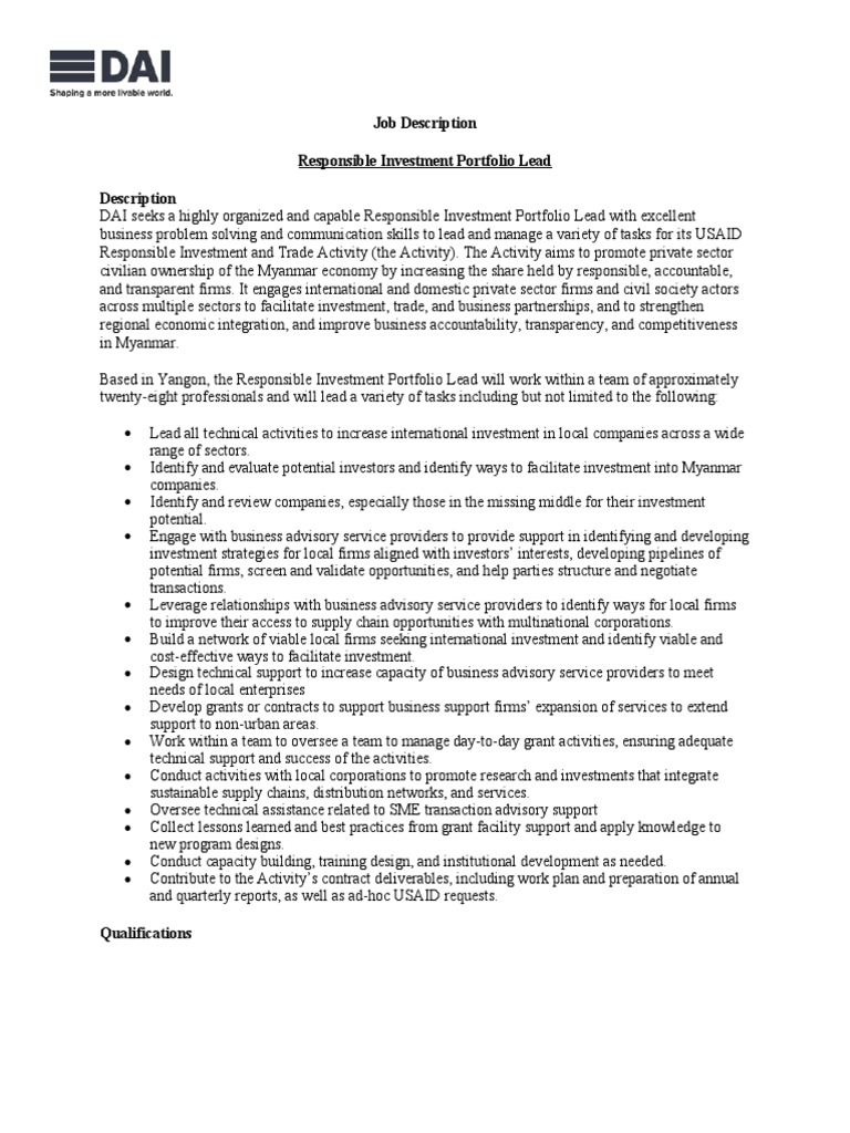 Leading Responsible Investment Initiatives in Myanmar Job Description