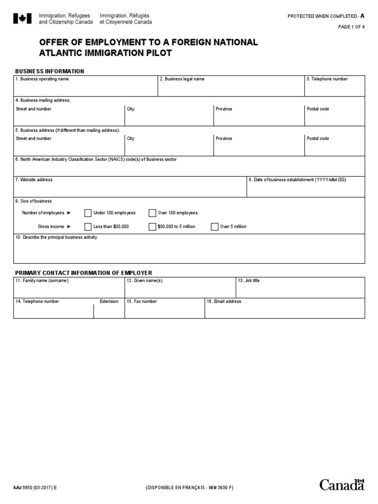 Offer of Employment To A Foreign National Atlantic Immigration Pilot ...