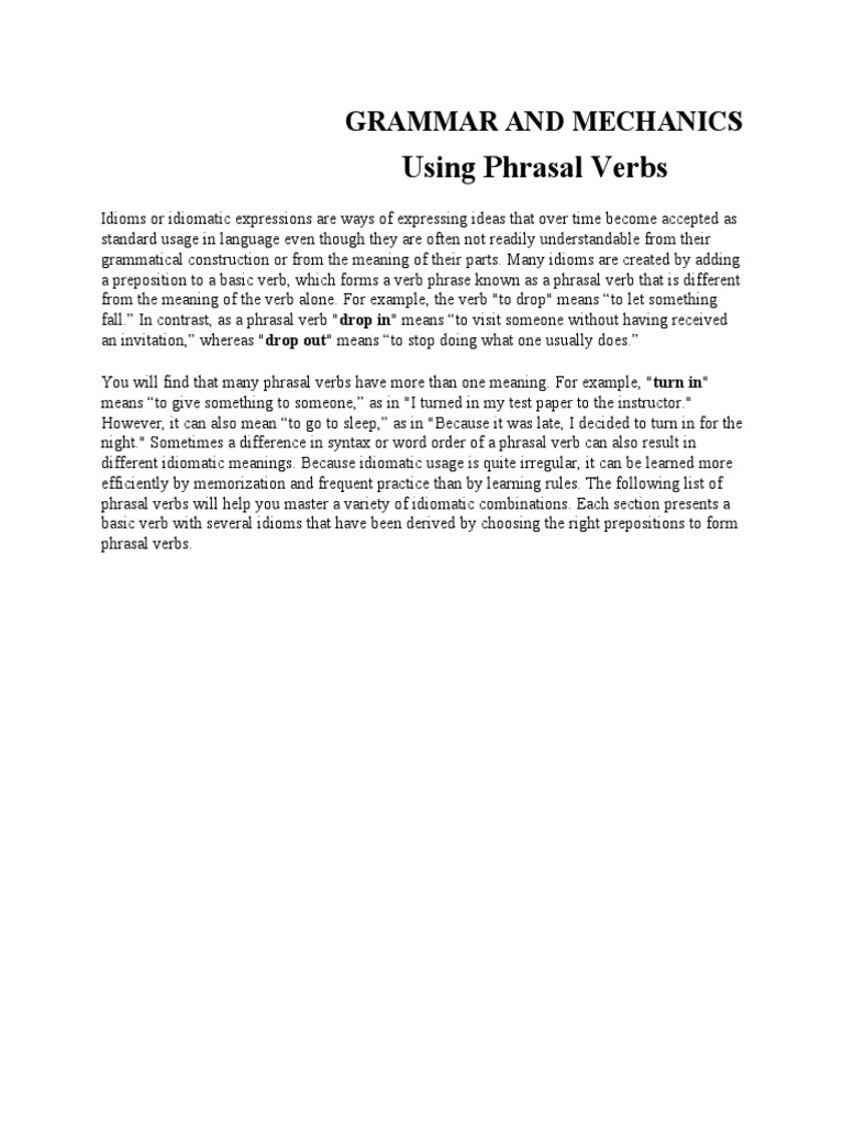 Using Phrasal Verbs: Grammar and Mechanics | PDF | Phrase | Idiom