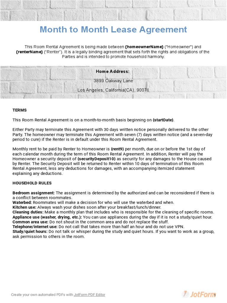 Month To Month Lease Agreement 3899 Oakway Lane Los Angeles