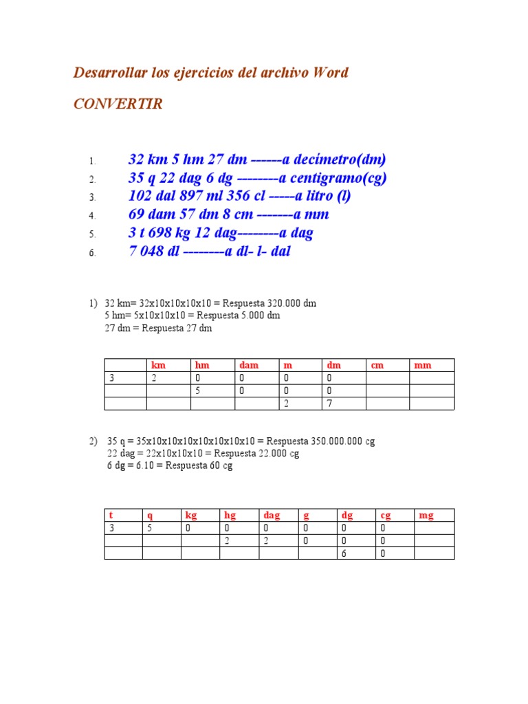 Ejercicios Convertir Unidades De Medida