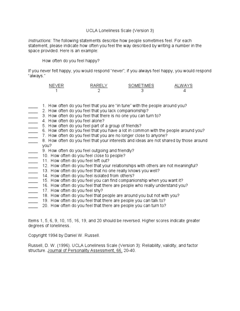 UCLA Loneliness Scale Loneliness Psychological Testing