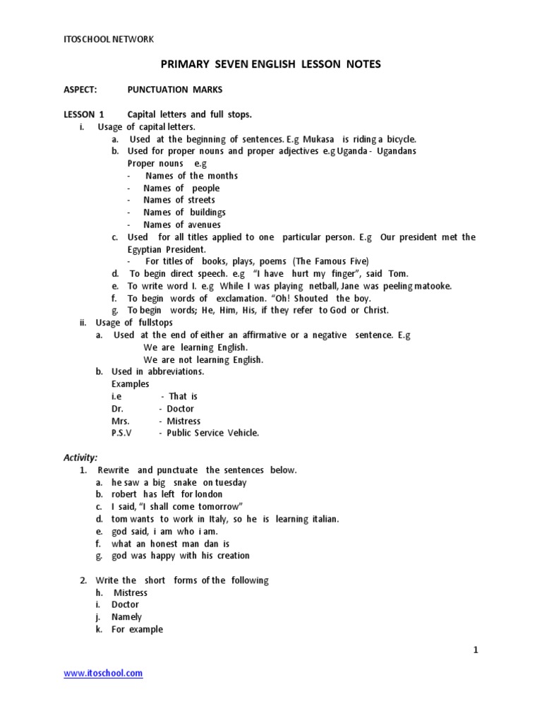P7 English Lesson Notes: Punctuation | PDF | Grammatical Gender | Pronoun