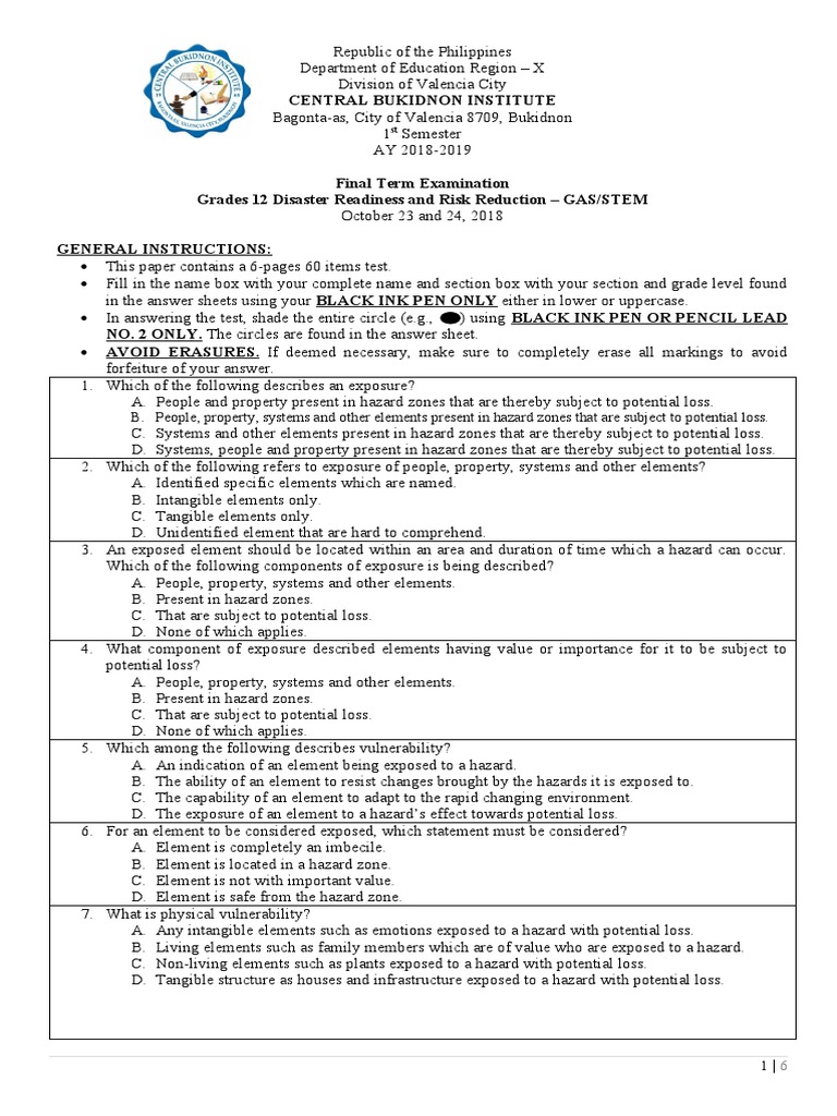 Grade 12 Disaster Risk Reduction Exam | PDF | Hazards | Hearing Loss