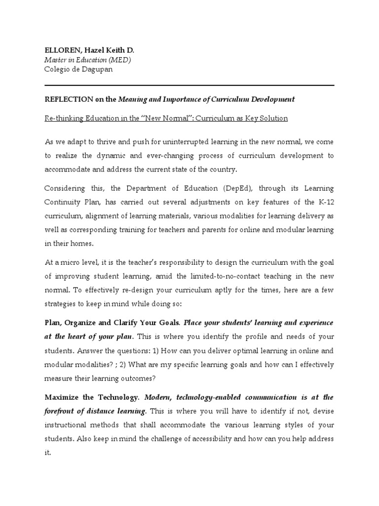 REFLECTION On The Meaning and Importance of Curriculum Development | PDF