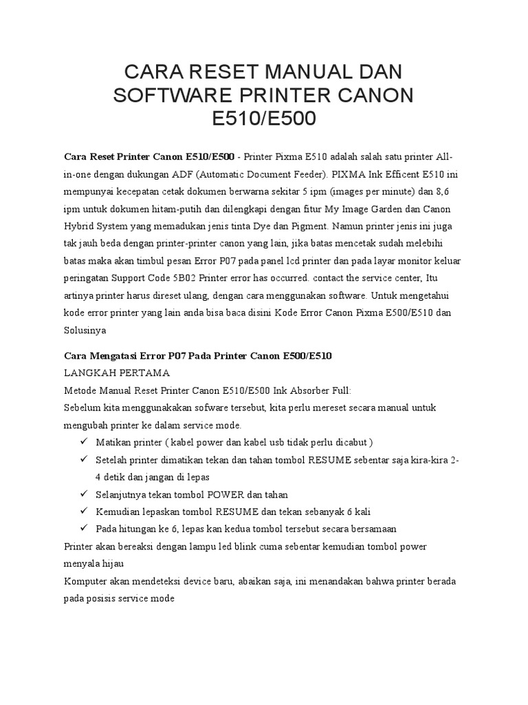 Cara Reset Printer Canon E510/E500 | PDF