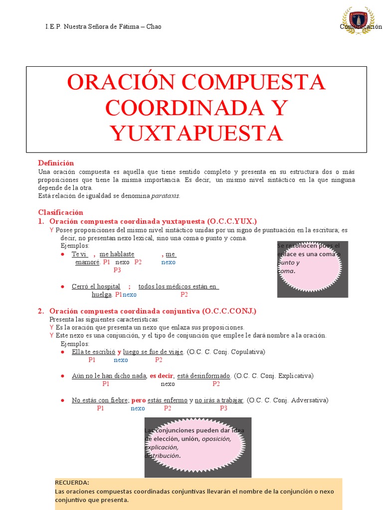 Oración compuesta coordinada yuxtapuesta y conjuntiva | PDF | Oración ...
