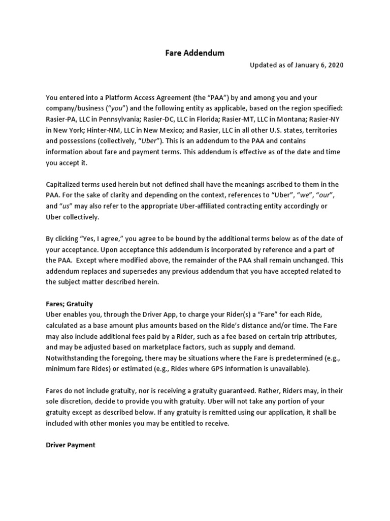 Uber Fare Addendum January 6, 2020 PDF Fee Gratuity