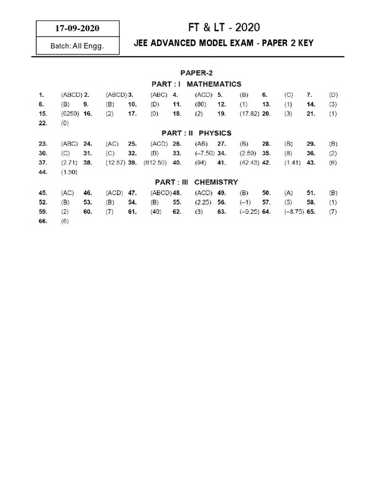 JEE Advanced 2020 Model Exam Key | PDF