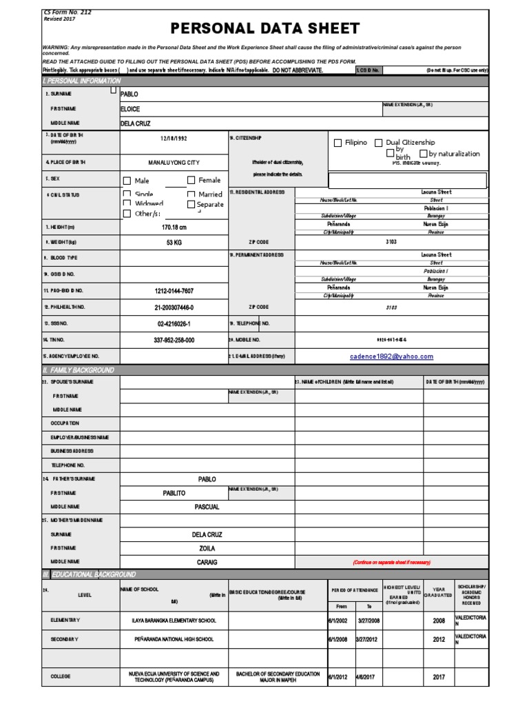 PDS MAAM CAMILLE Personal Data Sheet - New | PDF | Government | Social ...