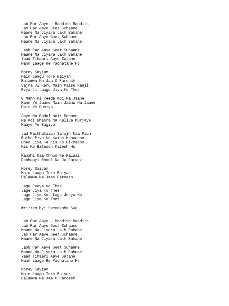 Music lyrics lab par aaye english pdf
