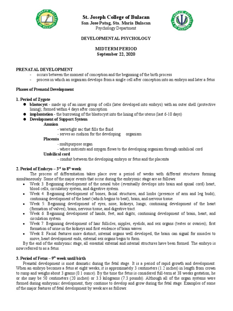 Developmental Psychology Lecture 1 Midterms | PDF | Fetus | Prenatal ...