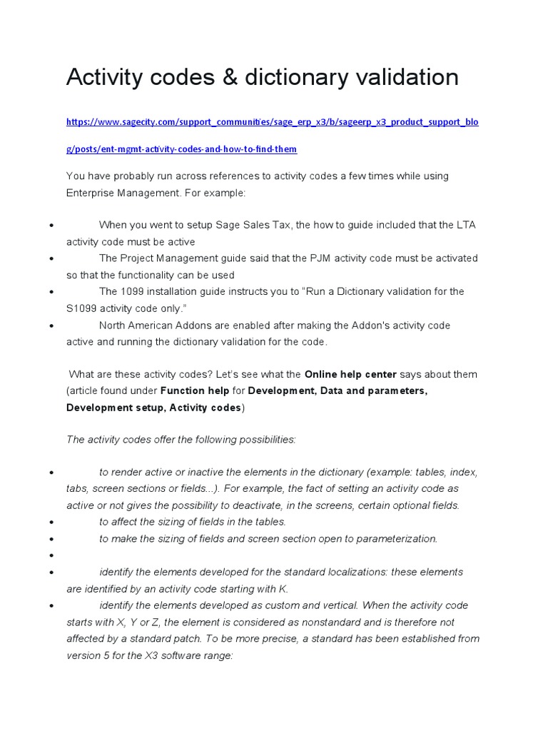 Activity Code Change & Dictionary Validation Sage X3 PDF Software