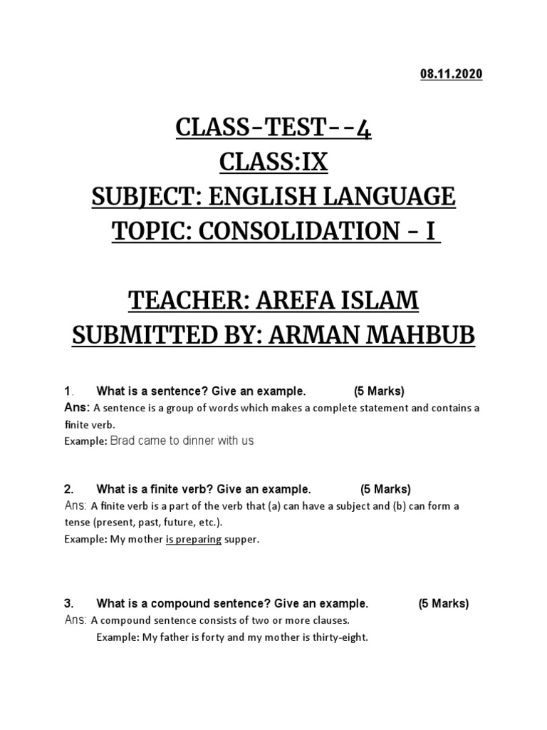 English Language Class Test IX | PDF | Language Arts & Discipline
