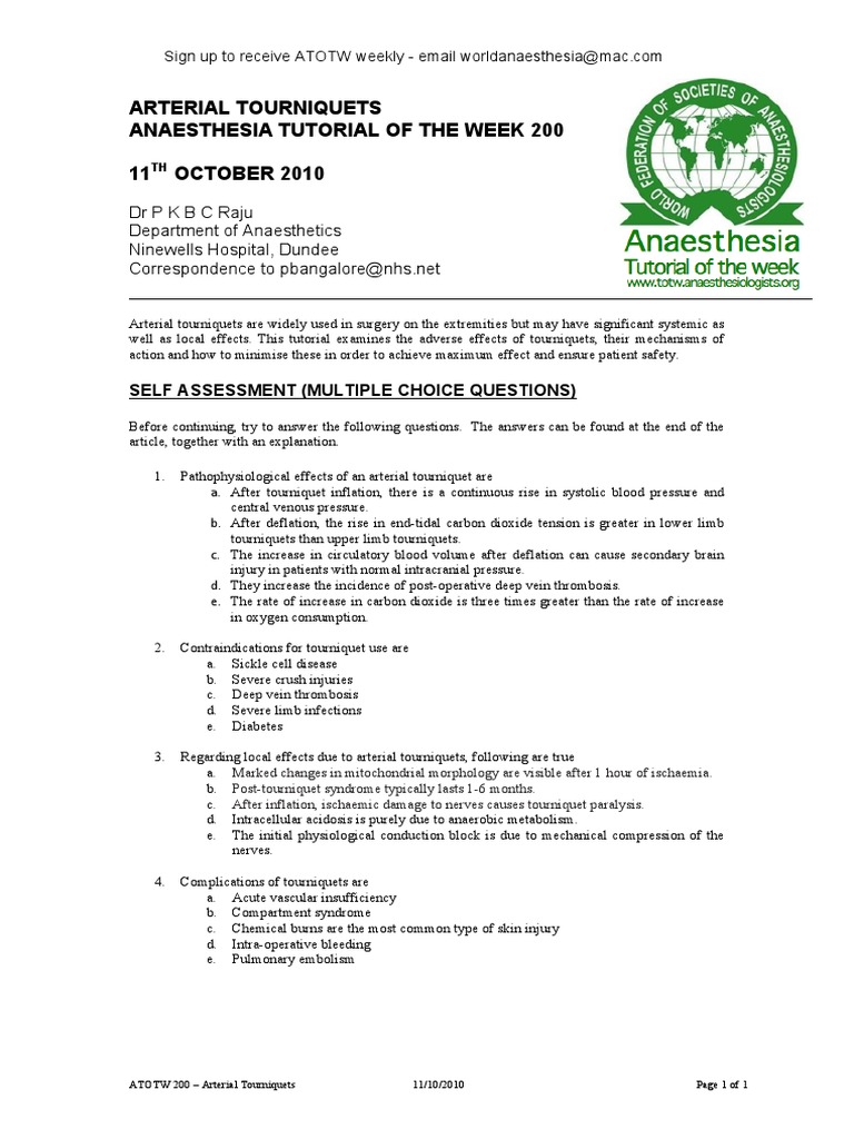 Arterial Tourniquets Anaesthesia Tutorial of The Week 200 11 OCTOBER