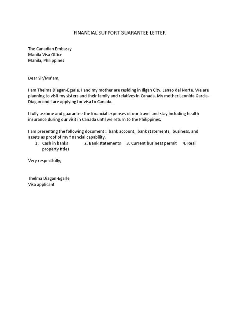 Financial Guarantee Letter for Visa | PDF | Social Science | Law