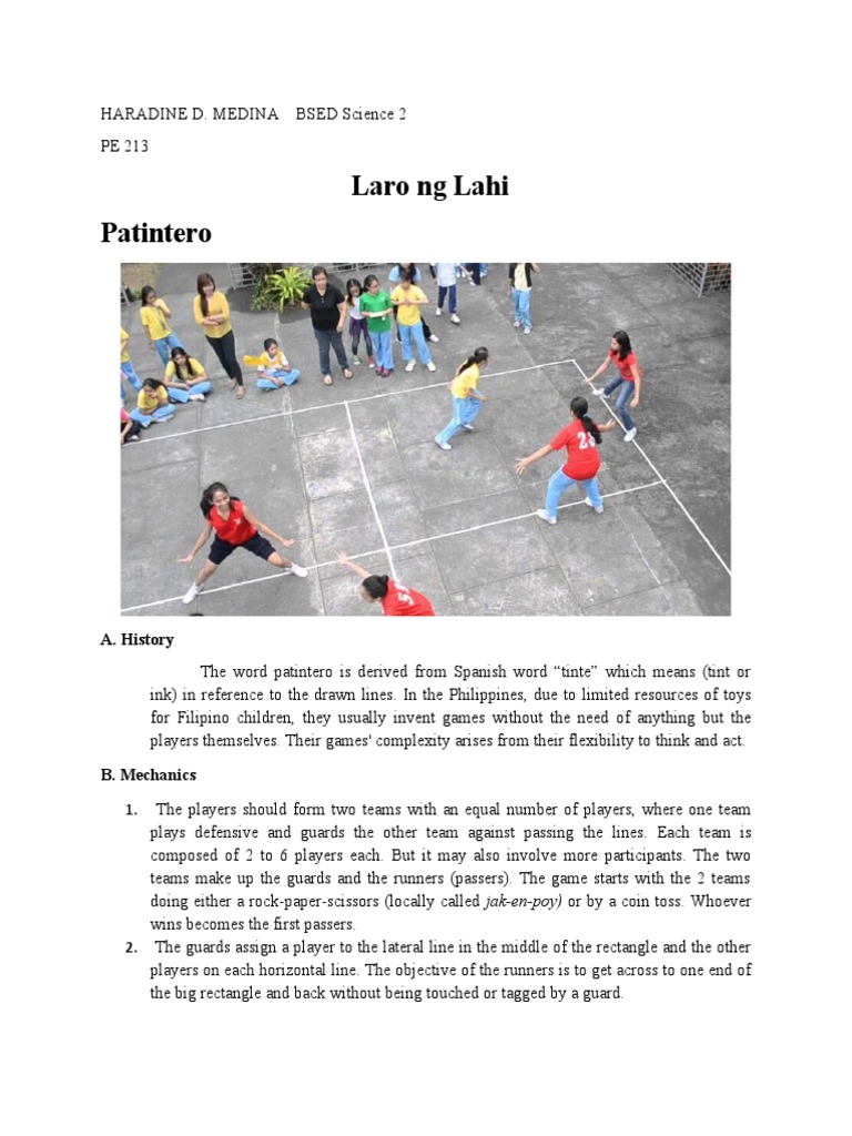 Laro NG Lahi Patintero: A. History | PDF | Gaming | Leisure
