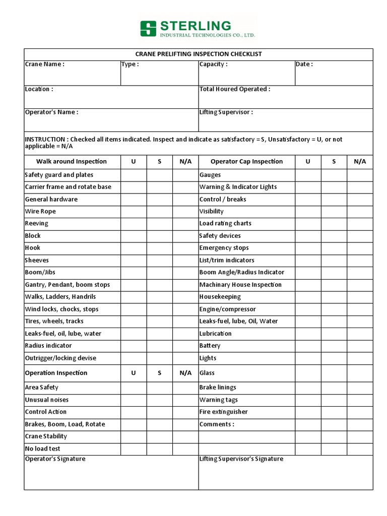 Crane Prelifting Inspection Checklist | PDF | Crane (Machine) | Machines