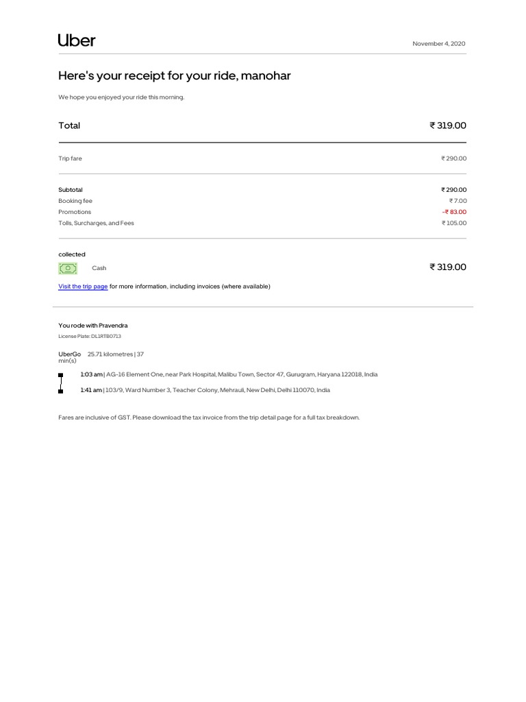 Uber Ride Receipt: November 2020 | PDF
