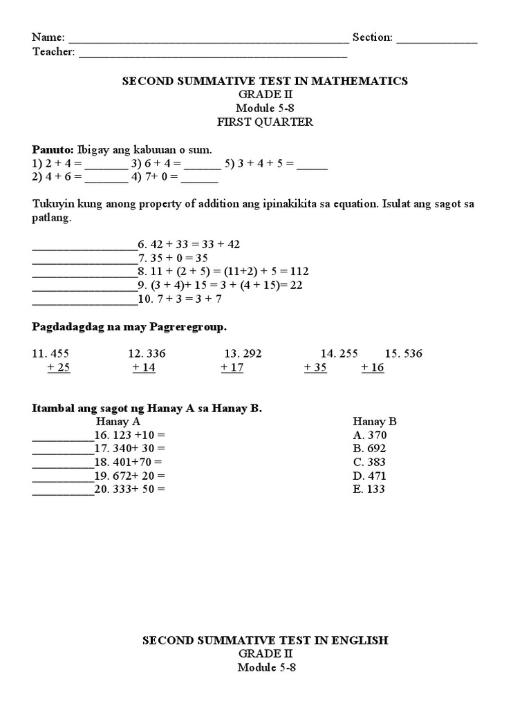 Second Summative Test in Mathematics | PDF | Philippines