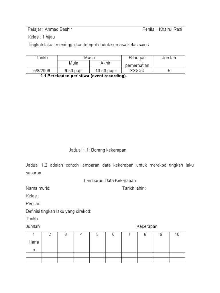contoh borang untuk merekod data