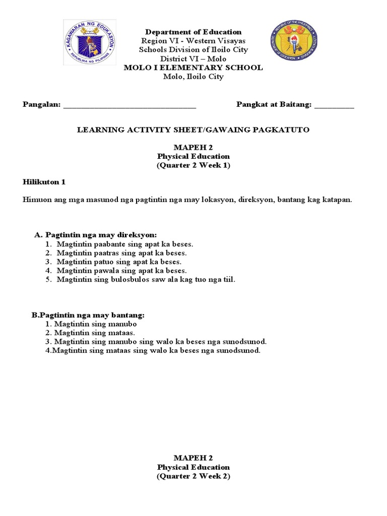 Activity Sheets PE Gr. 2 Q2W1&2 | PDF
