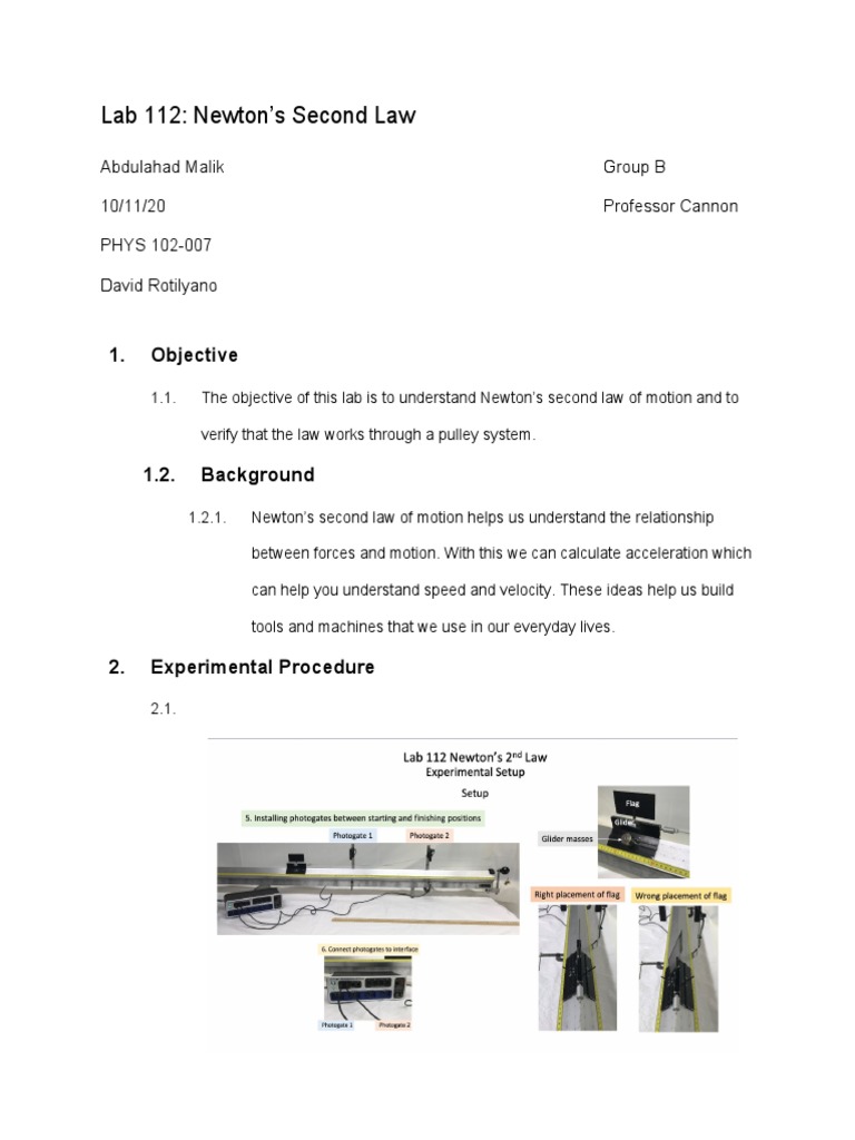 Newton's Second Law Lab Experiment | PDF | Force | Acceleration