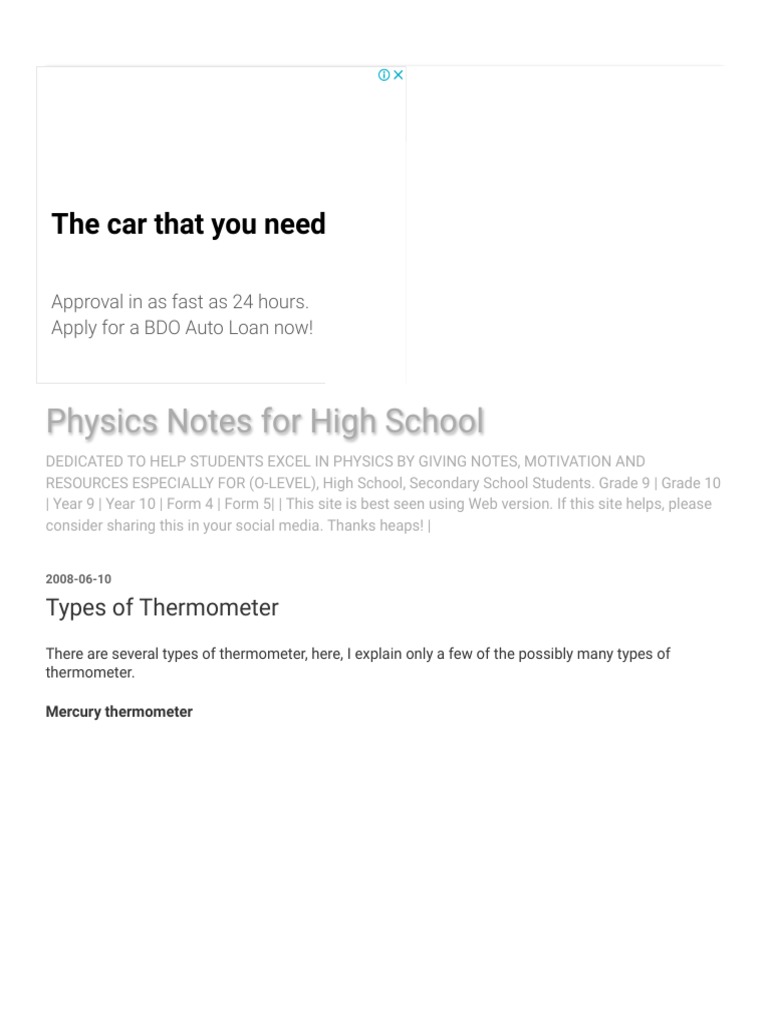 Physics Notes on Types of Thermometers Mercury Thermometers