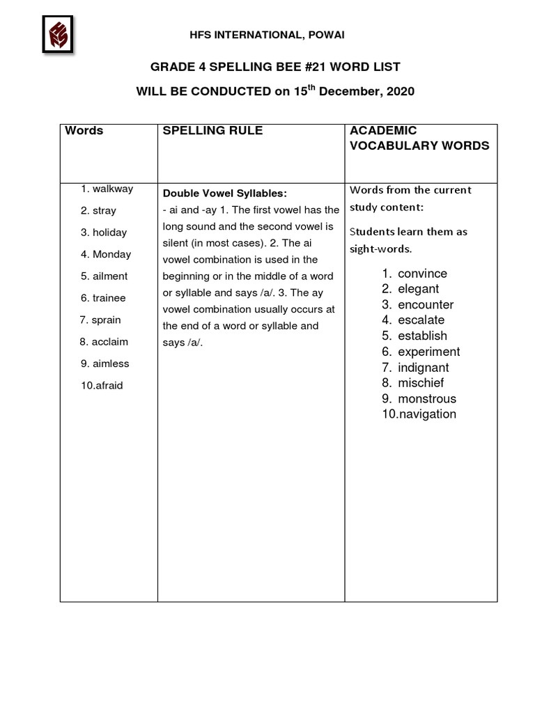 Grade 4 Spelling Bee Word List | PDF | Language Arts & Discipline