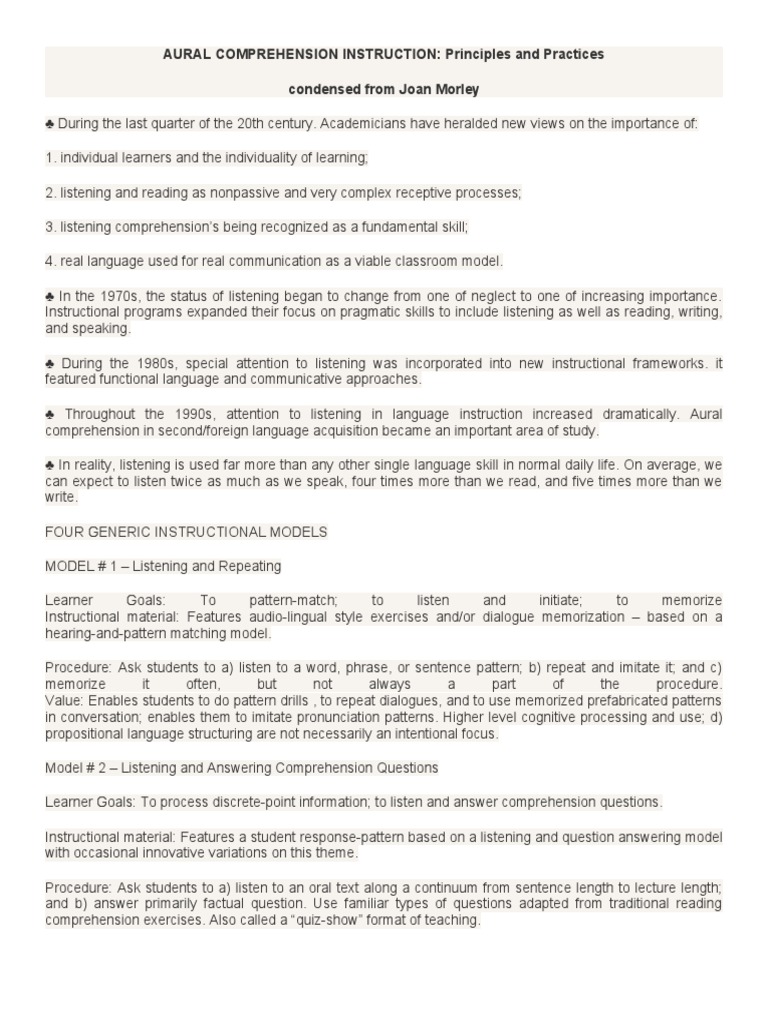 Aural Comprehension Instruction Models | PDF | Metacognition | Reading ...
