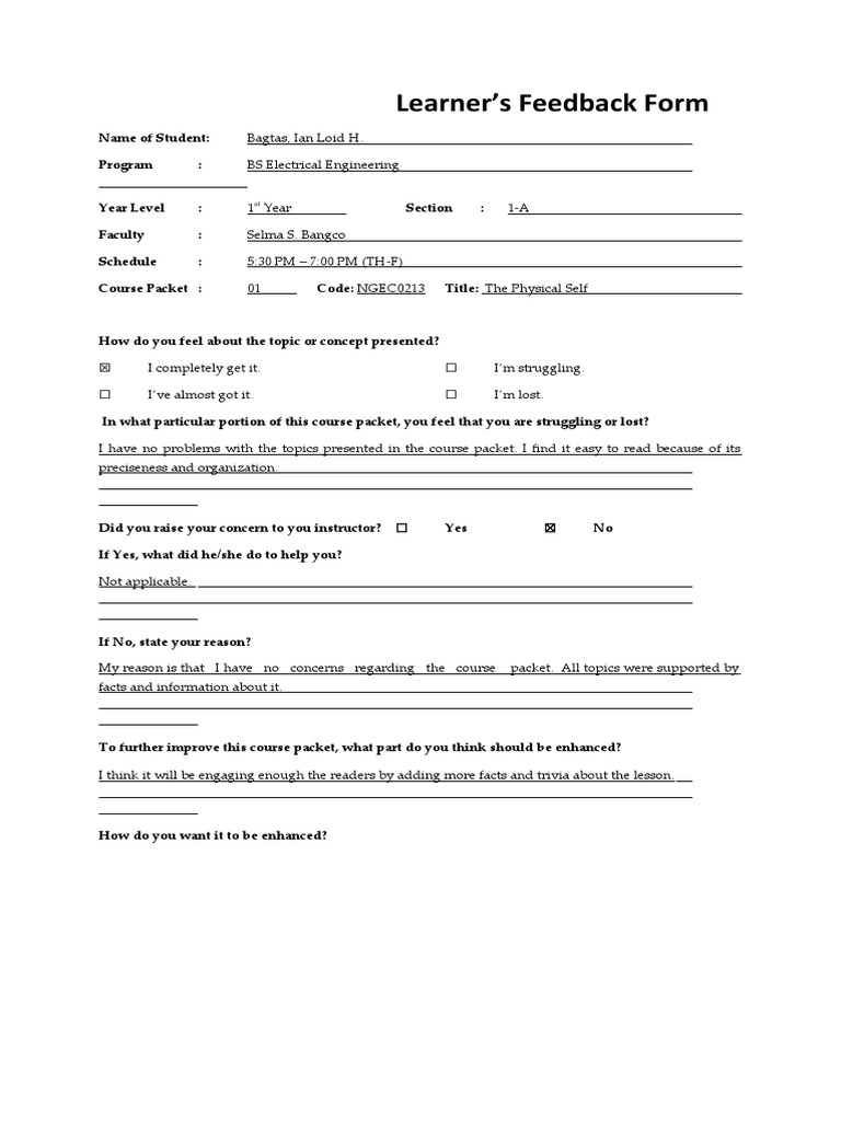 CP1 Form: Learner Feedback Insights | PDF | Self-Improvement | Wellness
