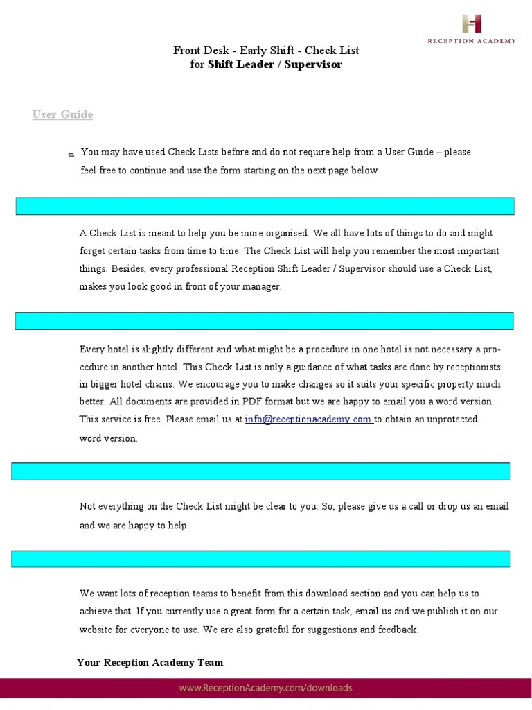 Early Shift Check List Shift Leader & Supervisor | PDF | Business