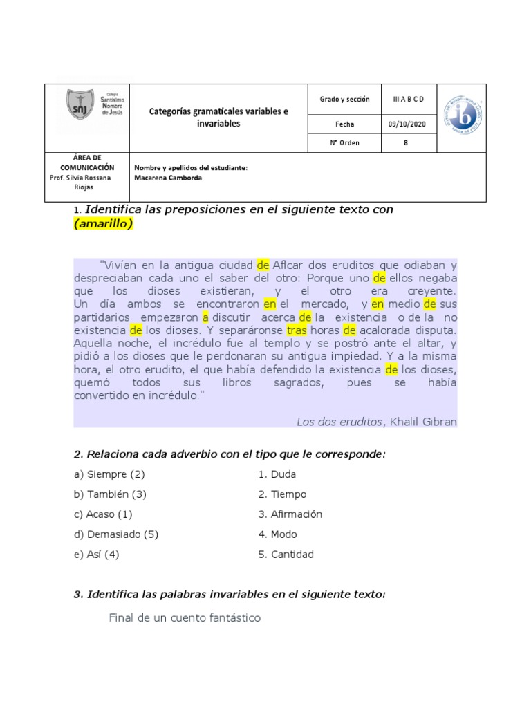 Categorias Gramaticales Variables E Invariables Practica 2 Pdf Adverbio Morfologia Linguistica