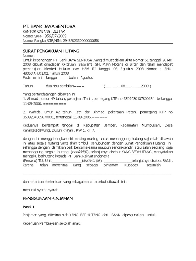 surat perjanjian bayaran hutang