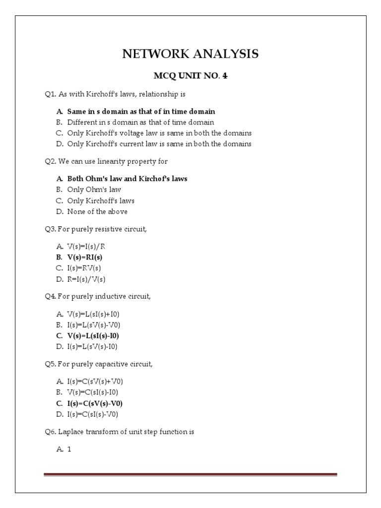 Na Unit4 Zeal Mcq Pdf Laplace Transform Electrical Impedance