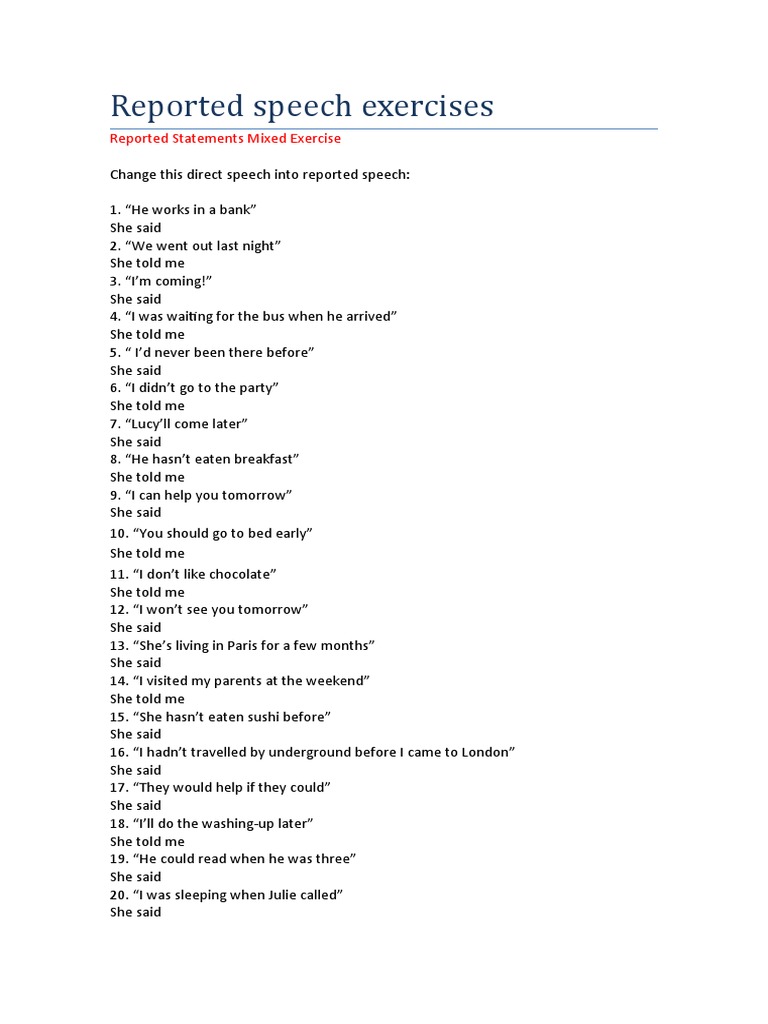 Reported Speech Practice Exercises | PDF | Foods