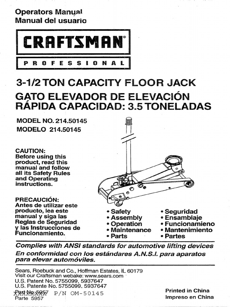 Craftsman Professional Model 214.50145 31/2 Ton Capacity Floor Jack Operators Manual