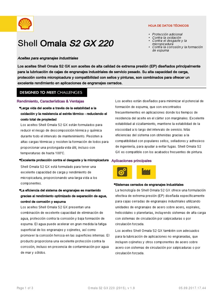 Ficha Técnica Shell Omala S2 GX 220 | PDF | Engranaje | Lubricante