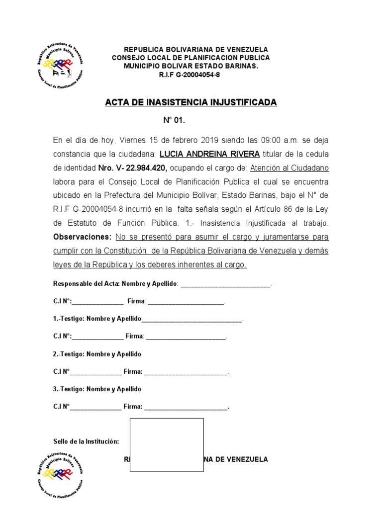 Acta de Inasistencia Injustificada | PDF | Venezuela | Ley constitucional