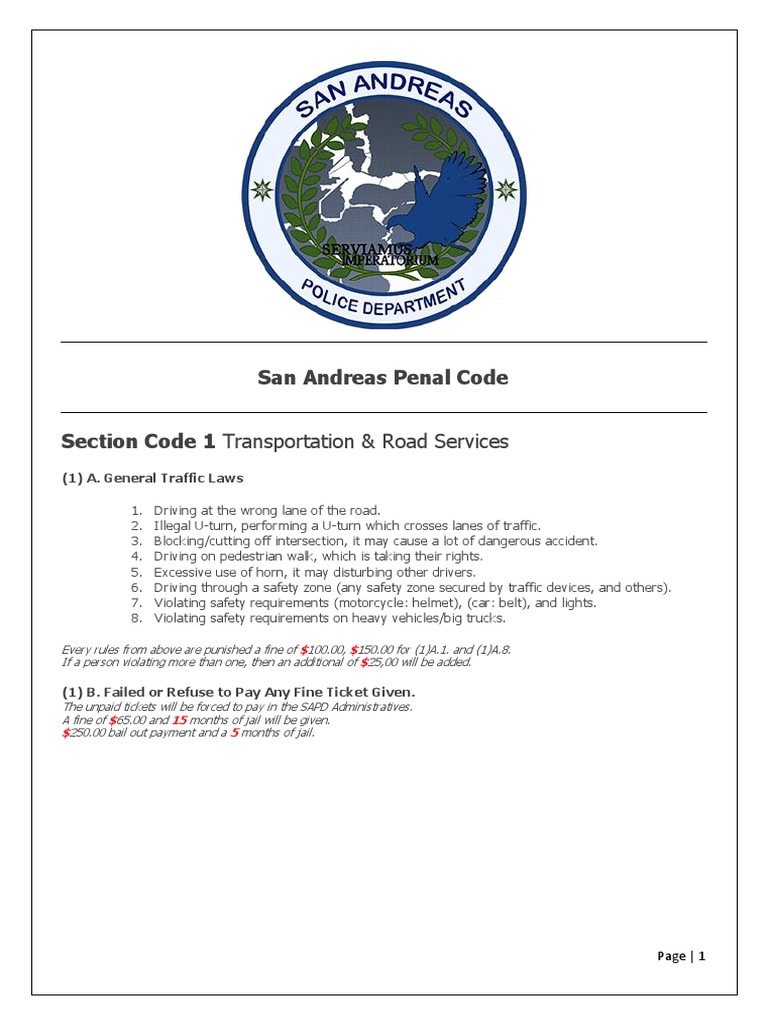 San Andreas Penal Code Section Code 1 Transportation & Road Services